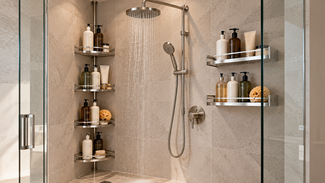 Walk-in shower with a corner shower caddy and wall-mounted shelves positioned inside the shower for accessible bathroom storage.