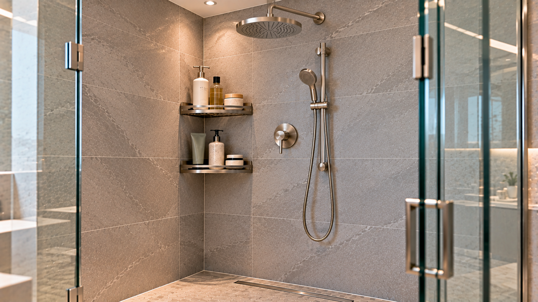 Two-tier corner shower caddy keeping everyday bath products organized and within easy reach beside a modern shower system.