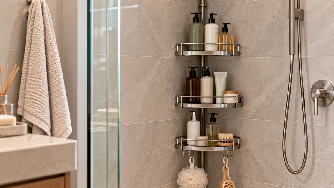 Corner shower caddy neatly organized with shampoo, body wash, soap, and bathing essentials in a modern plant-free shower.