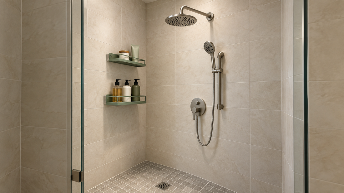 Daily shower bottles and occasional bath items on separate shelves beside a complete shower fixture