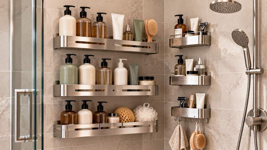 Multi-level shower organizers keeping several everyday bottles and bathroom essentials separated in defined, easy-to-reach storage areas.