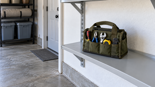 A small olive tool bag sits on its dedicated shelf, separate from seasonal storage bins in the background.