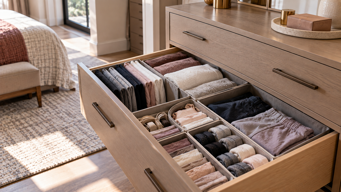 Deep bedroom dresser drawer organized with upright folded clothing and defined sections that use the extra drawer depth without creating hidden layers.