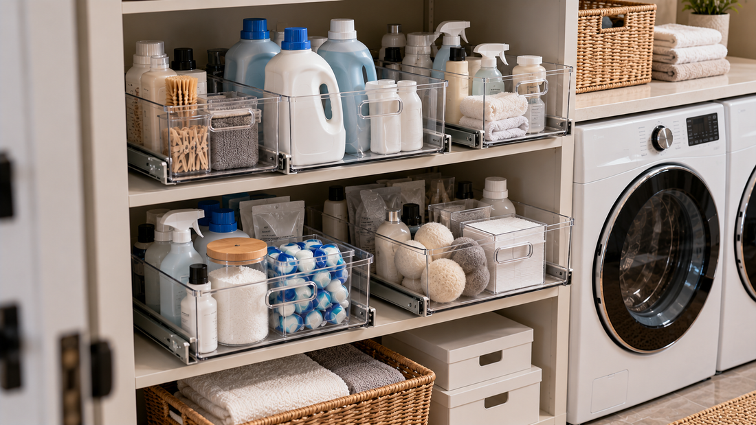 Pull-out laundry organizers bringing detergent, stain-care products, and small supplies forward from deep shelving for easier access.