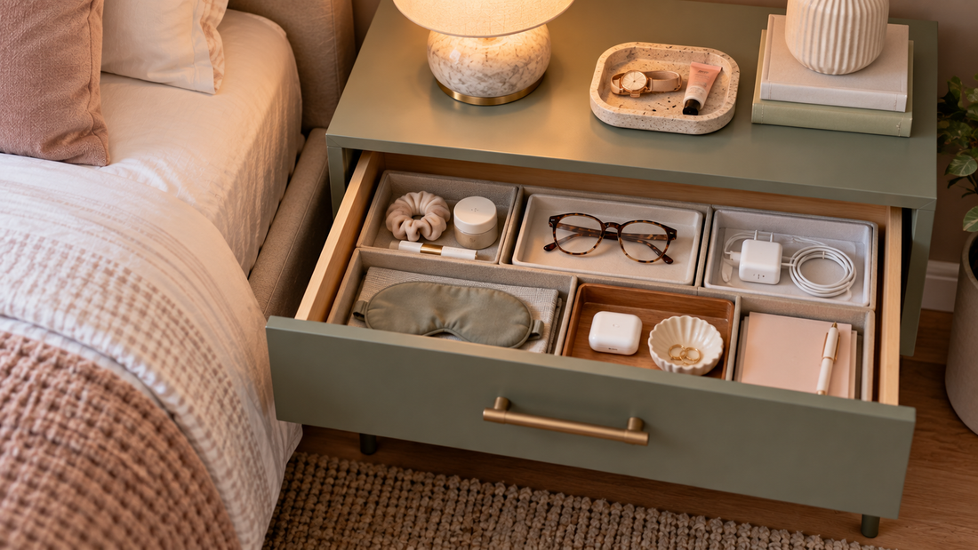 Deep nightstand drawer divided into separate compartments to keep small bedside essentials organized and easy to find.