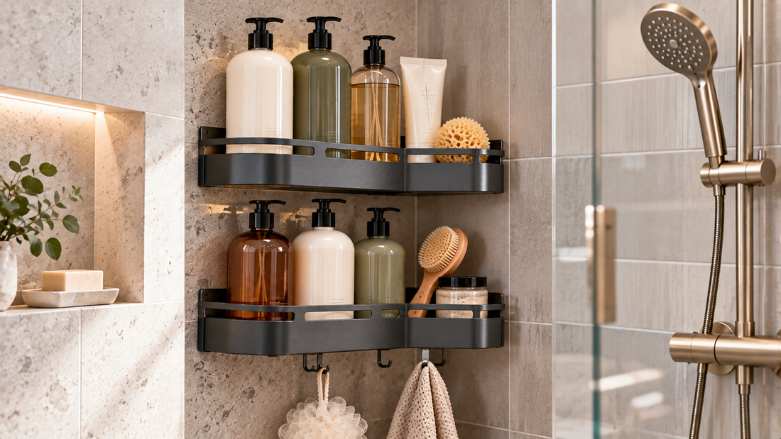 Deep two-tier shower organizer storing large shampoo and body wash bottles securely in a modern bathroom with limited shallow shelf space.