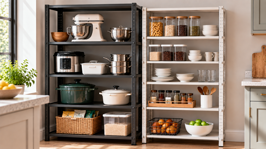 Deep and shallow kitchen shelves positioned side by side for comparing storage of large appliances, cookware, pantry supplies, and everyday items.