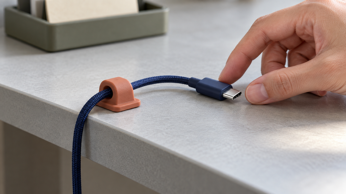 Terracotta cable clip holding a navy braided cable at a gray desk edge, with a hand reaching for the USB-C connector.