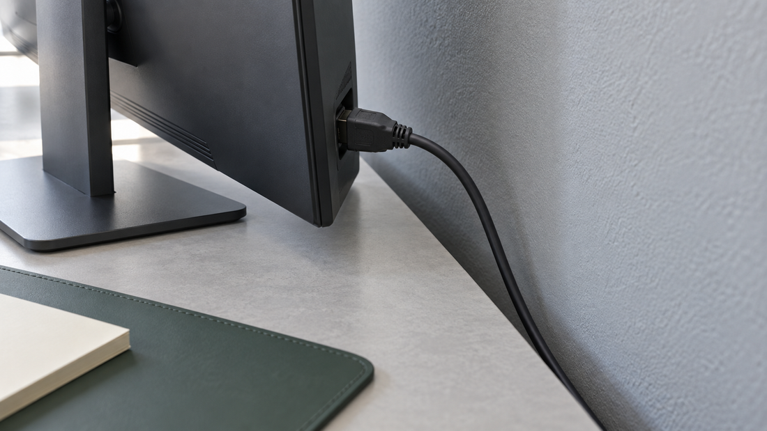 Monitor cable connector with clearance from the wall and a relaxed cable curve behind a gray desk.