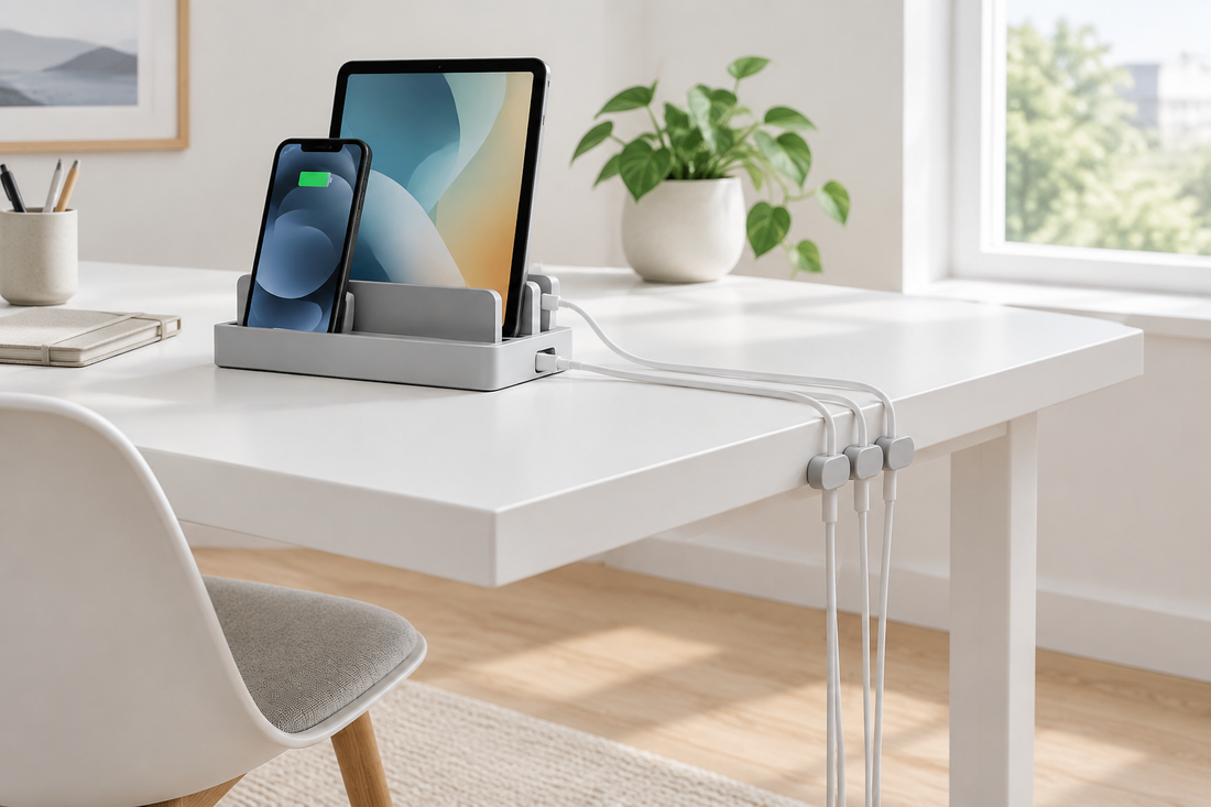Minimalist white desk with a desktop charging station holding a smartphone and tablet on the left and cable clips organizing cords on the right