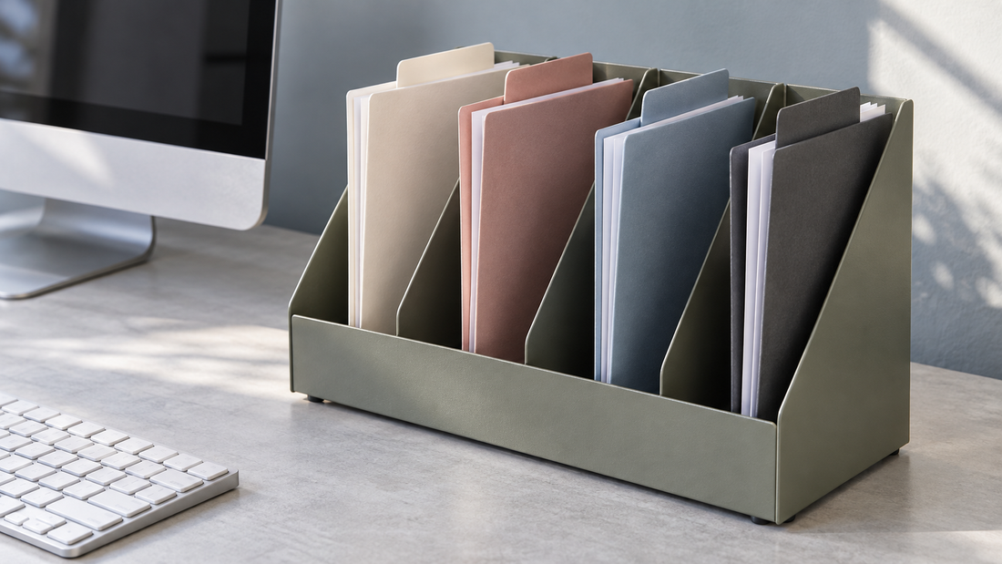 Desktop file holder with four separate compartments holding upright folders, with clear space above and in front for document access.
