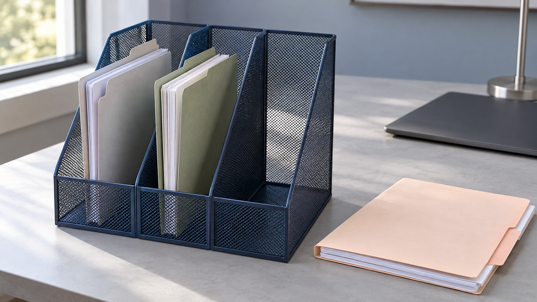 Navy mesh desktop file holder with two filled folders and one empty compartment, beside a peach folder showing paper thickness.