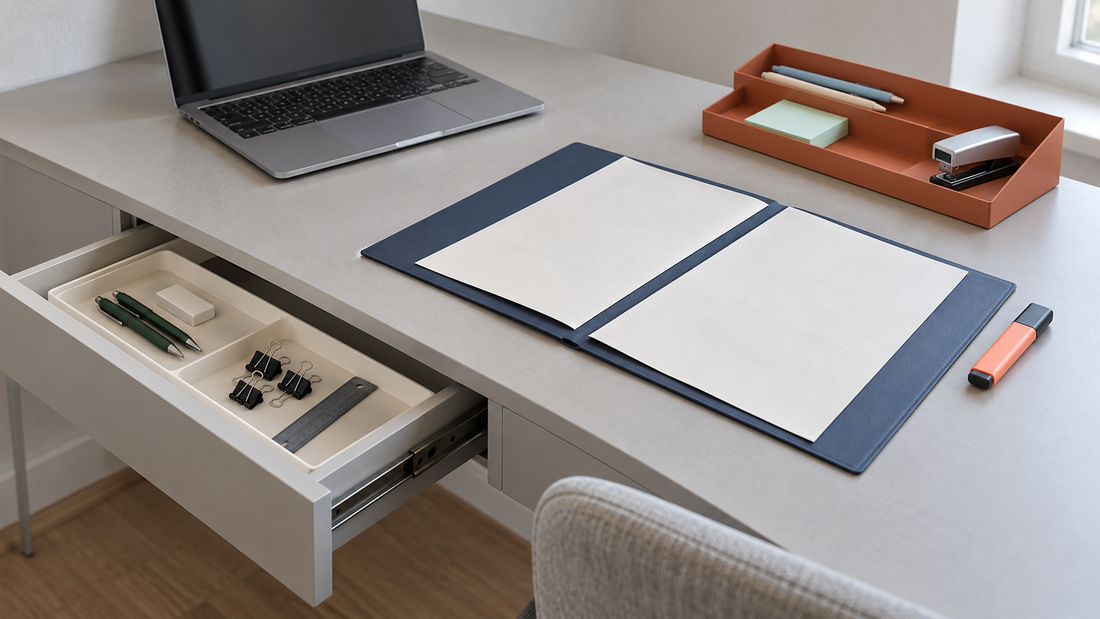 Terracotta desktop organizer and an open divided drawer holding office supplies, with clear desk space for a document folder and highlighter.