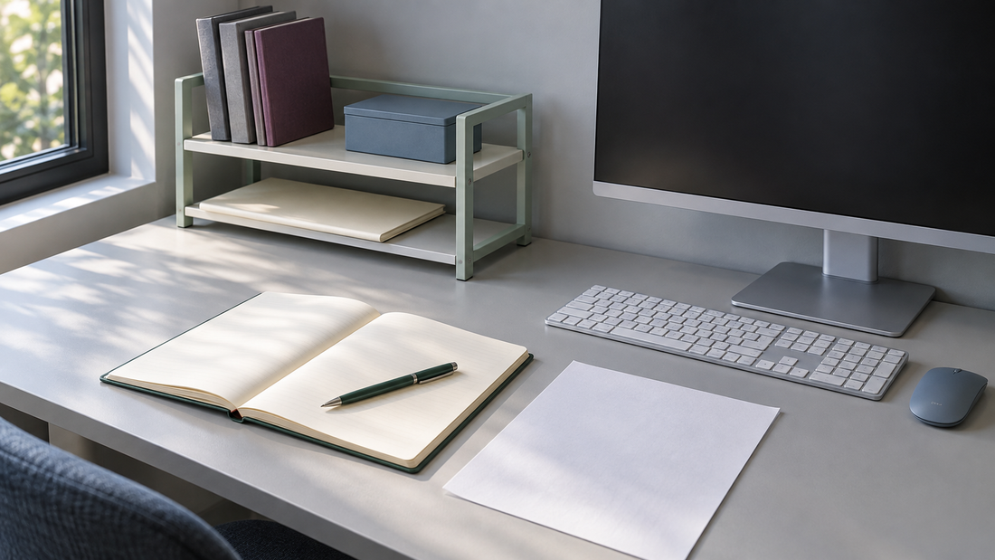 Compact desktop shelf holding notebooks and supplies, with open desk space for a notebook, documents, keyboard, and mouse.