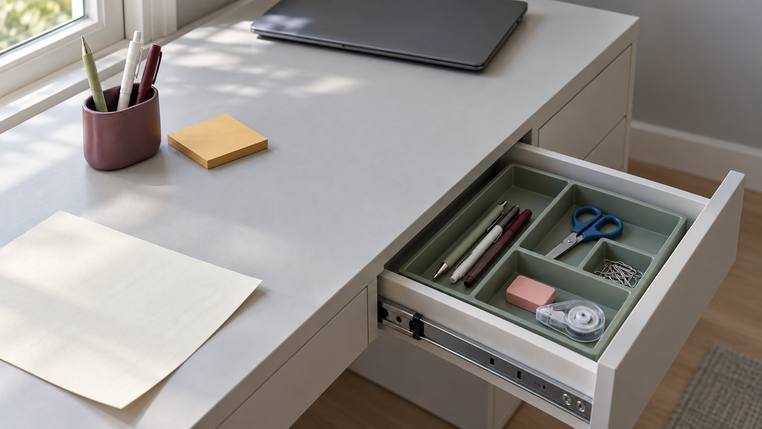 Plum pen holder and yellow note pad on a gray desk beside an open drawer with sage compartments for pens, scissors, paper clips, and an eraser.