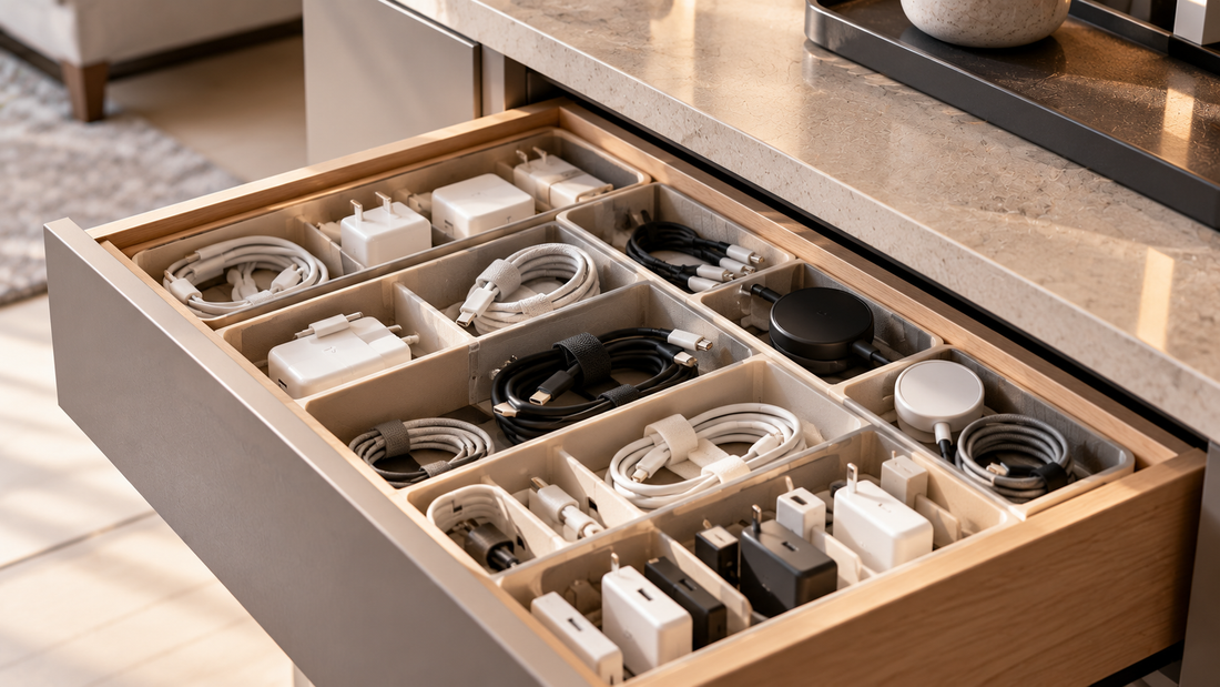 Different charging cables, adapters, and device connections separated into individual drawer compartments for quick identification and organized access.