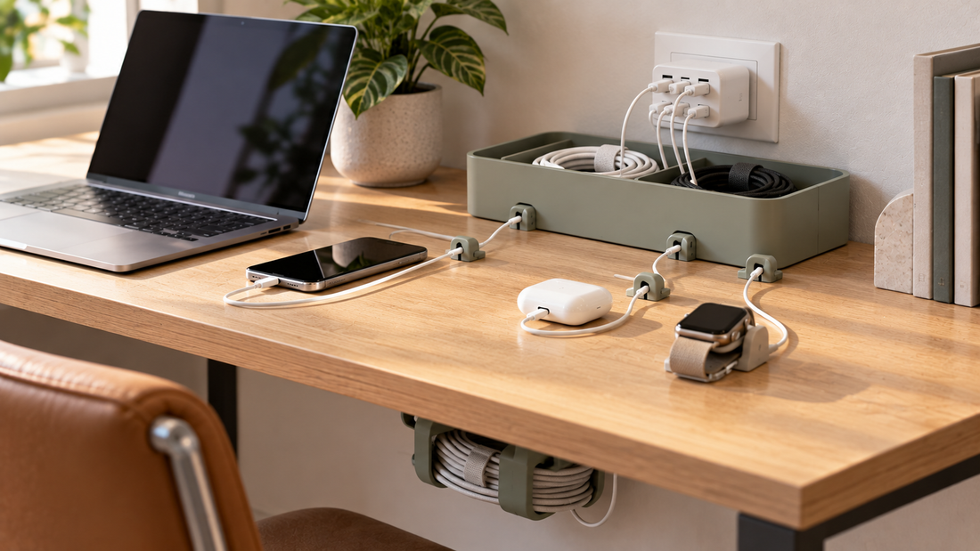 Long charging cables with excess cord length contained separately while shorter device cables remain accessible across an organized charging area.