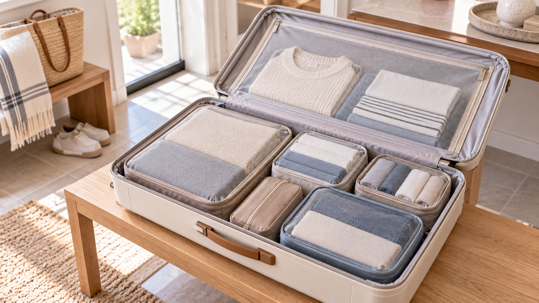 Thick and lightweight clothing separated into different-size packing organizers to reduce unused gaps inside an open suitcase.