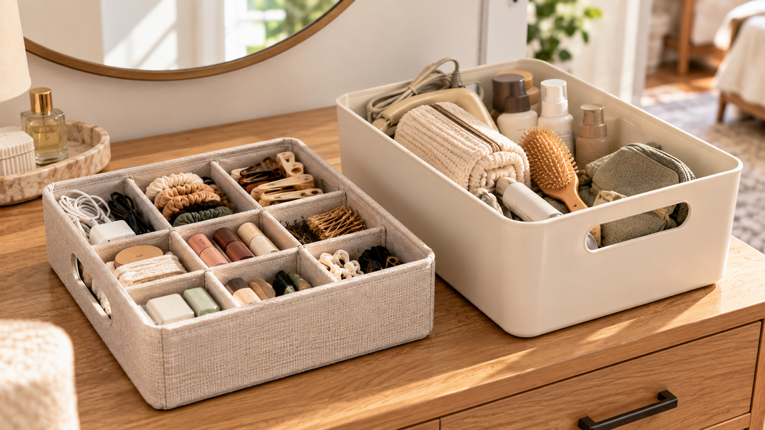 Divided fabric organizer separating small accessories beside an open storage bin holding larger grooming supplies in a bedroom storage area.