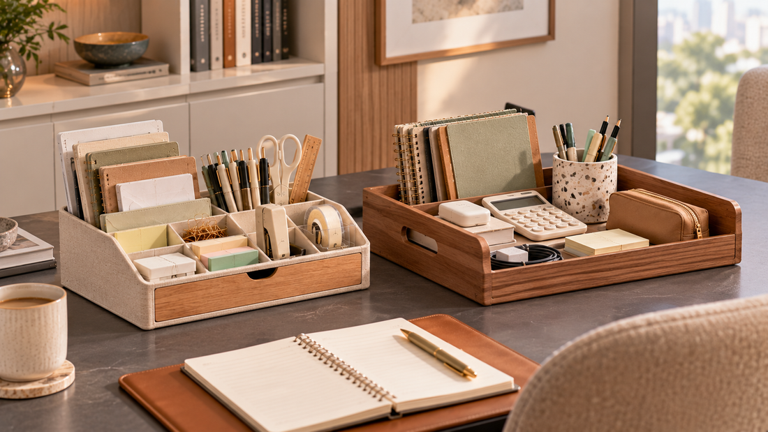 Divided desk organizer separating small office supplies beside an open storage tray holding notebooks, a calculator, writing tools, and larger work items.