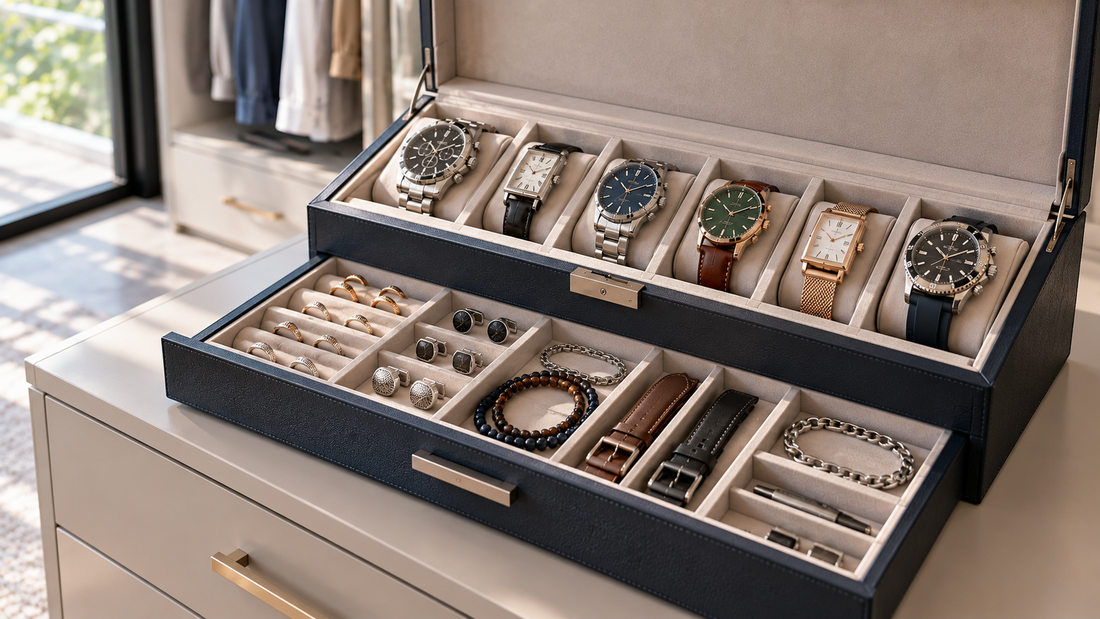 Watch box with a divided valet drawer separating rings, cufflinks, bracelets, watch straps, and other small accessories into dedicated compartments.