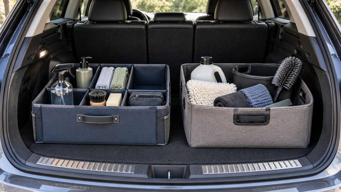 Divided and open trunk organizers comparing separated storage for smaller car cleaning supplies with flexible space for larger car-care items.