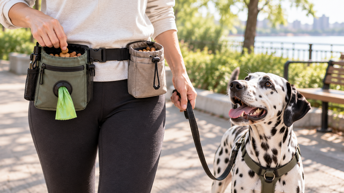Dog walker comparing a treat pouch with a built-in waste bag dispenser and a regular treat bag during a walk with a Dalmatian.
