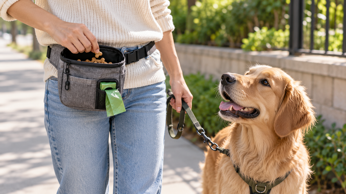 Dog treat pouch with separate waste bag storage worn during a walk, keeping treats and dog walking essentials easy to reach.