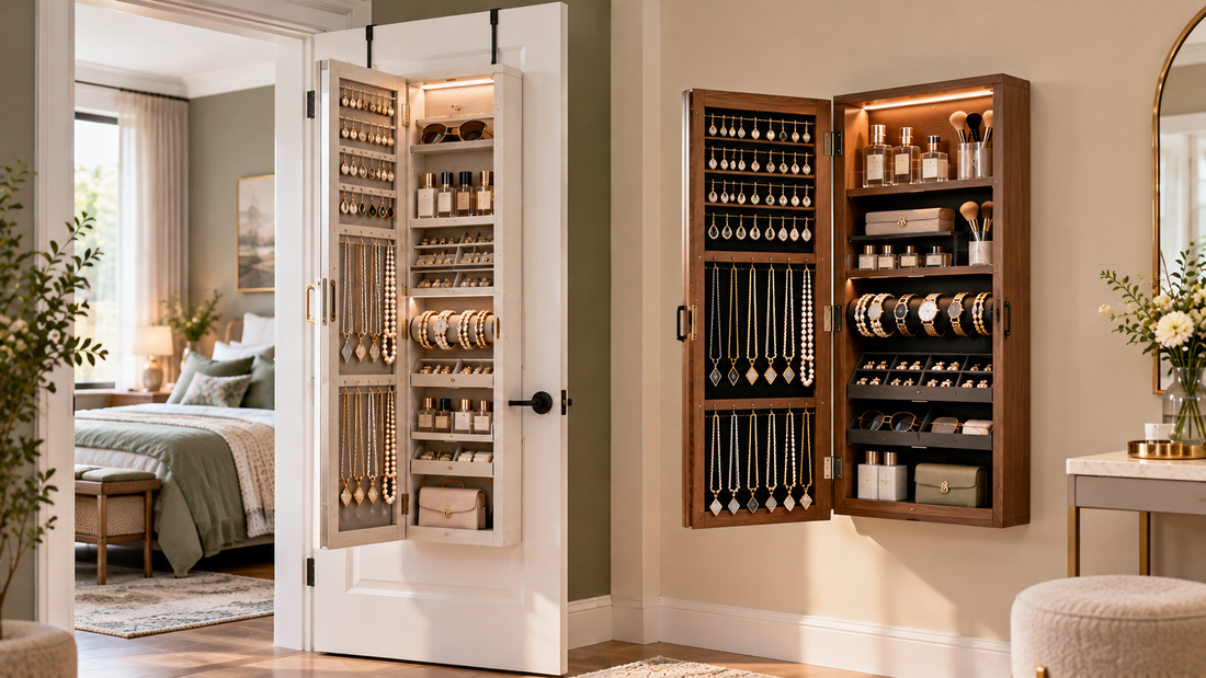 Door-hanging jewelry armoire and wall-mounted jewelry cabinet using vertical storage to organize jewelry without taking up floor space.