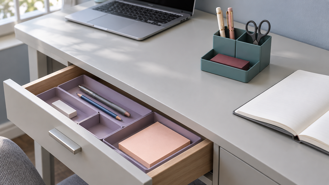 Compare drawer closing clearance with desktop footprint and compartment dimensions using the same office supplies. Choose the location that accommodates those items and their retrieval without obstructing drawer movement or everyday desk work.
