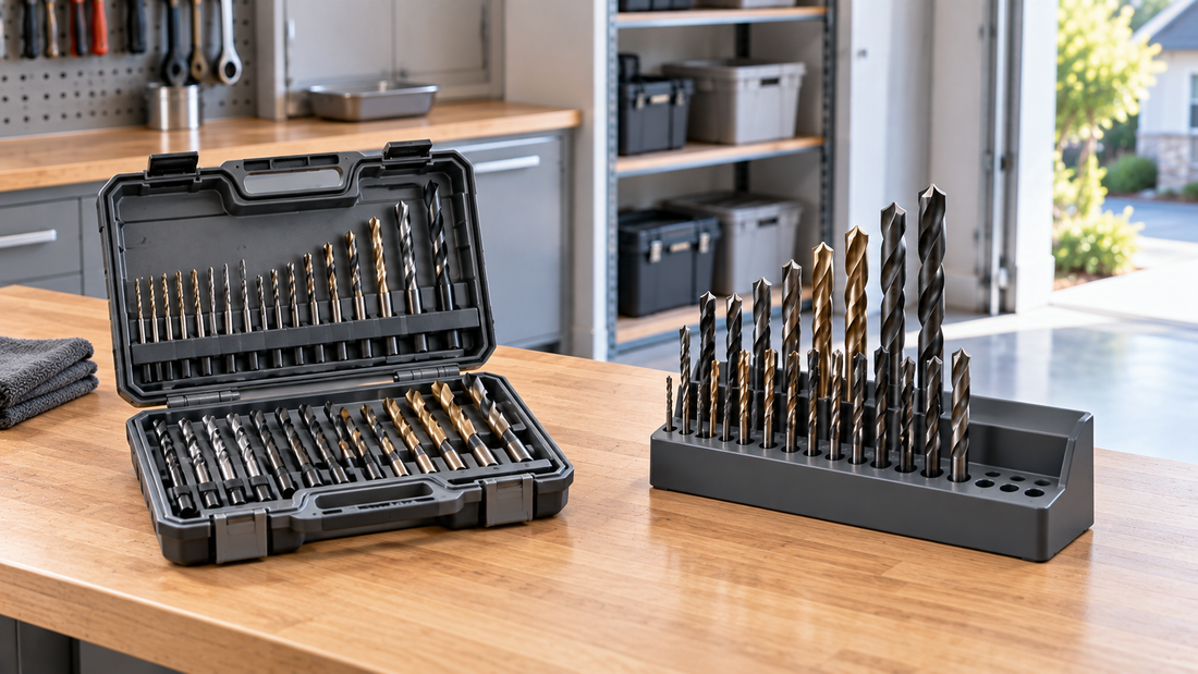 Open drill bit case beside a freestanding holder with different drill bit sizes organized in individual positions on a bright garage workbench.