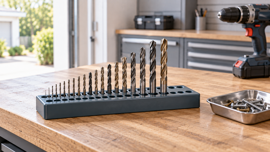 Drill bits organized from smallest to largest in individual slots on a dedicated organizer, separated from screws and fasteners on a garage workbench.
