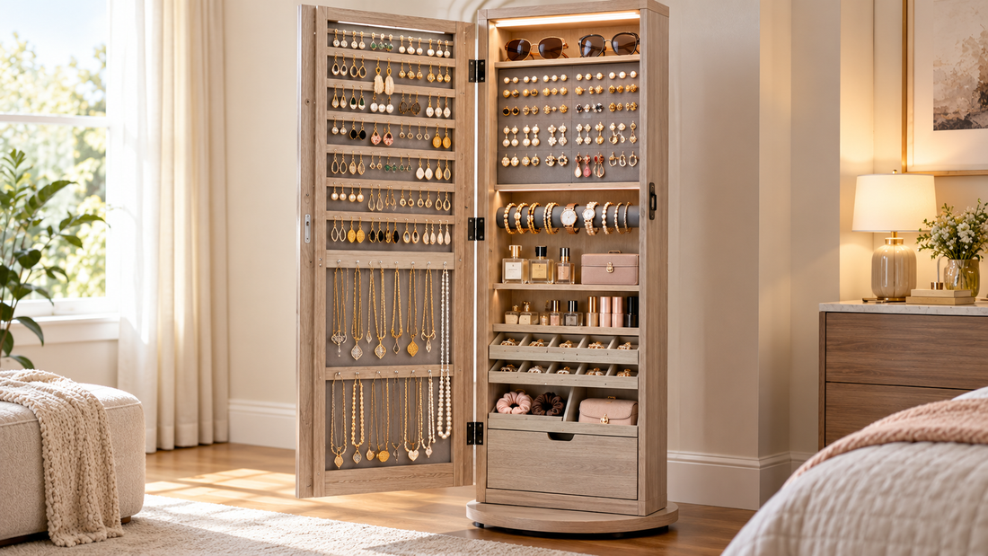 Full jewelry armoire with extensive dedicated earring storage while necklaces, rings, bracelets, and other accessories remain organized in separate sections.