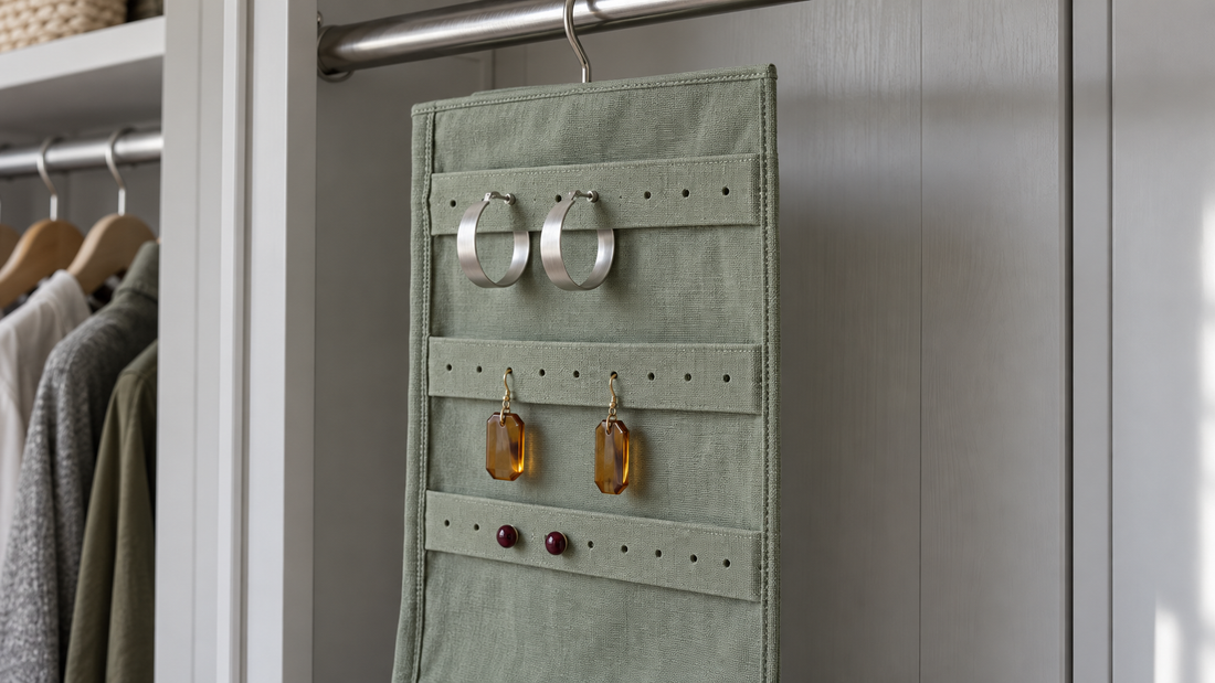Silver hoops, amber drop earrings, and burgundy studs spaced across a sage-green hanging jewelry organizer with unused attachment holes.