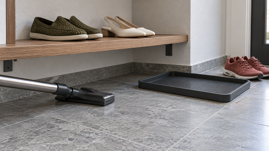 A vacuum head reaches beneath an elevated shoe shelf while an empty removable tray and temporarily moved sneakers leave one floor section accessible.