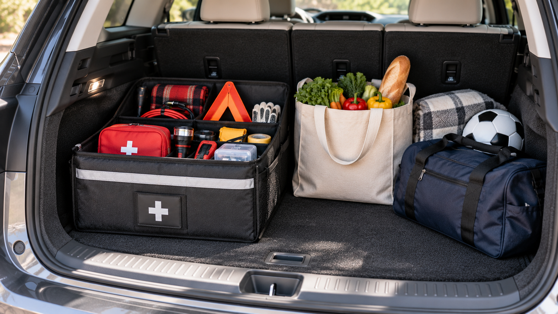 Emergency car supplies stored in a dedicated sectioned trunk organizer, separated from groceries, sports gear, and other everyday cargo.