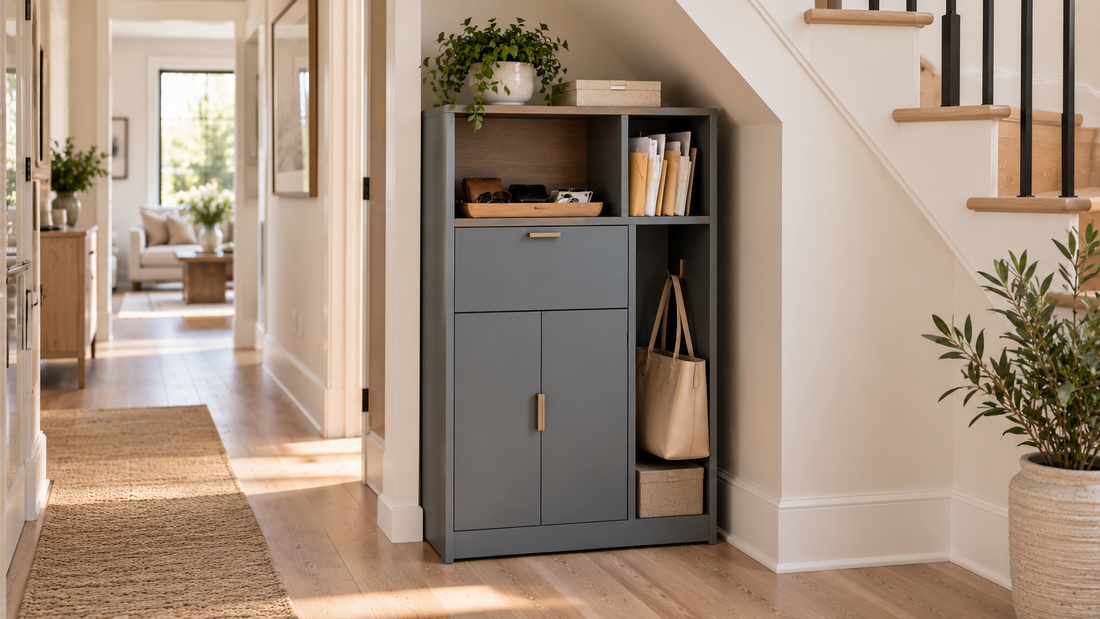Entryway organizer with open compartments, hidden cabinets, mail storage, and space for everyday essentials in a modern under-stair foyer.
