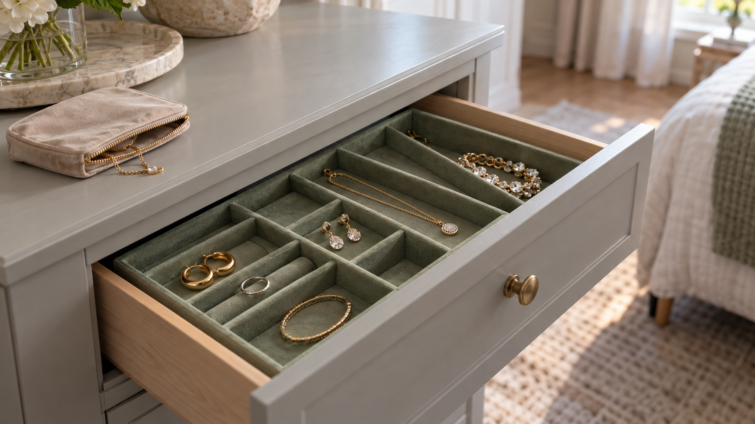 Everyday jewelry and special-occasion pieces stored in separate sections of a sage-lined dresser drawer