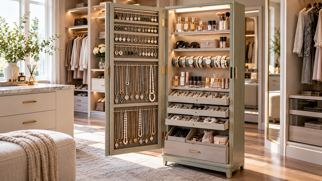 Jewelry armoire in a spacious walk-in closet with frequently worn necklaces, earrings, rings, and bracelets arranged in easy-to-reach storage sections.