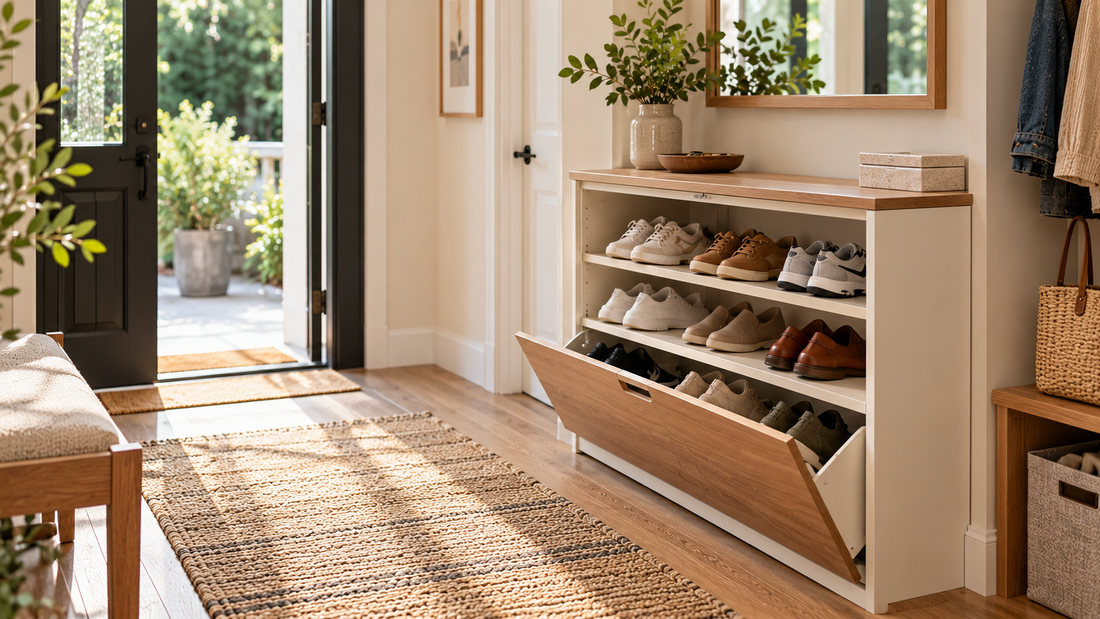 Accessible entryway shoe cabinet keeping frequently worn shoes organized near the door while leaving the surrounding walkway clear.