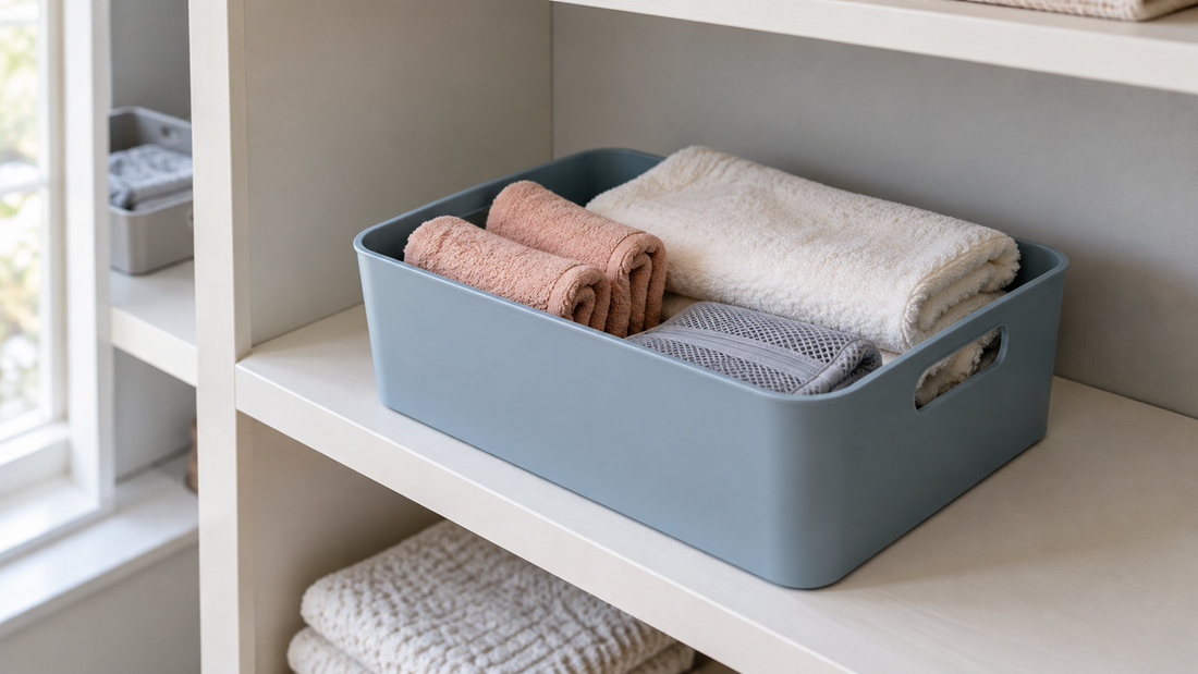 Dusty blue storage bin holding coral washcloths, an ivory towel, and a mesh laundry bag on a white shelf with clear space above.