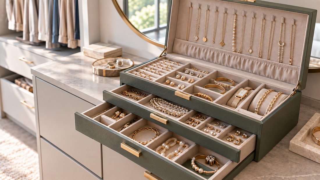 Multi-section jewelry organizer separating easy-to-reach everyday jewelry from occasional rings, necklaces, bracelets, and other accessories.