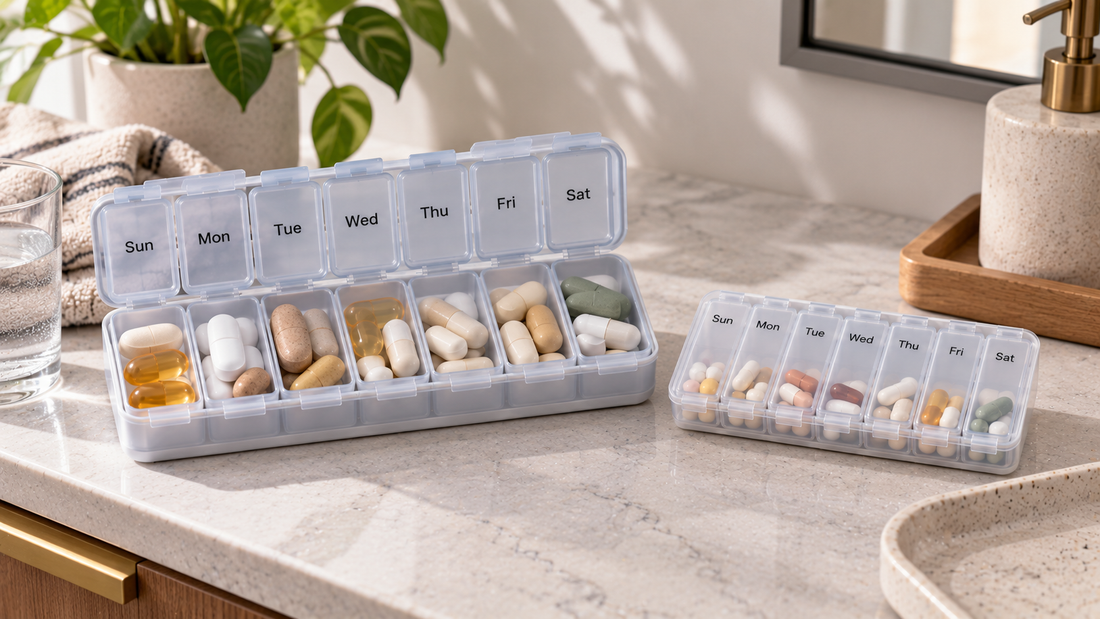 Extra-large weekly pill organizer with spacious compartments beside a compact standard organizer, comparing storage capacity for large pills and supplements.