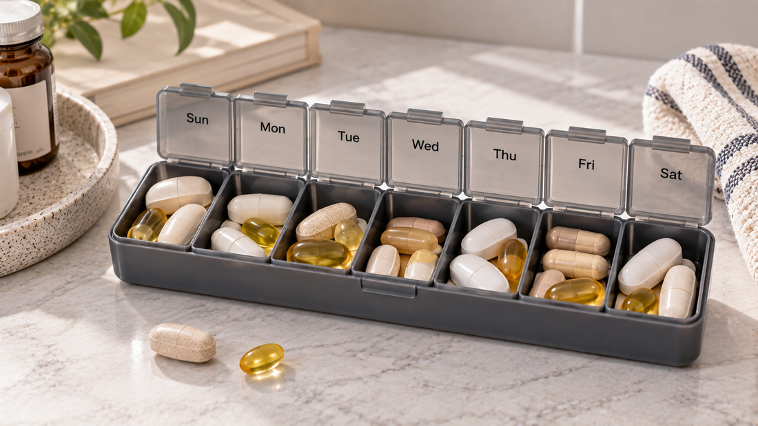 Extra-large weekly pill organizer with spacious individual compartments holding large pills, capsules, and supplements.