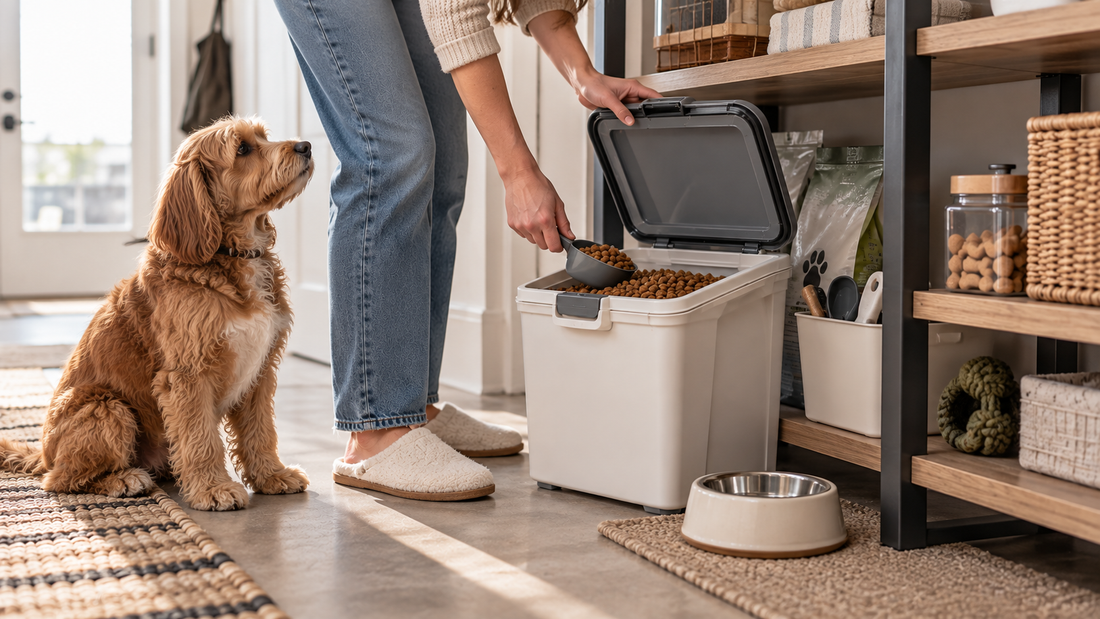 Large dry pet food container stored at floor level with an accessible lid for easy daily scooping without moving the container.