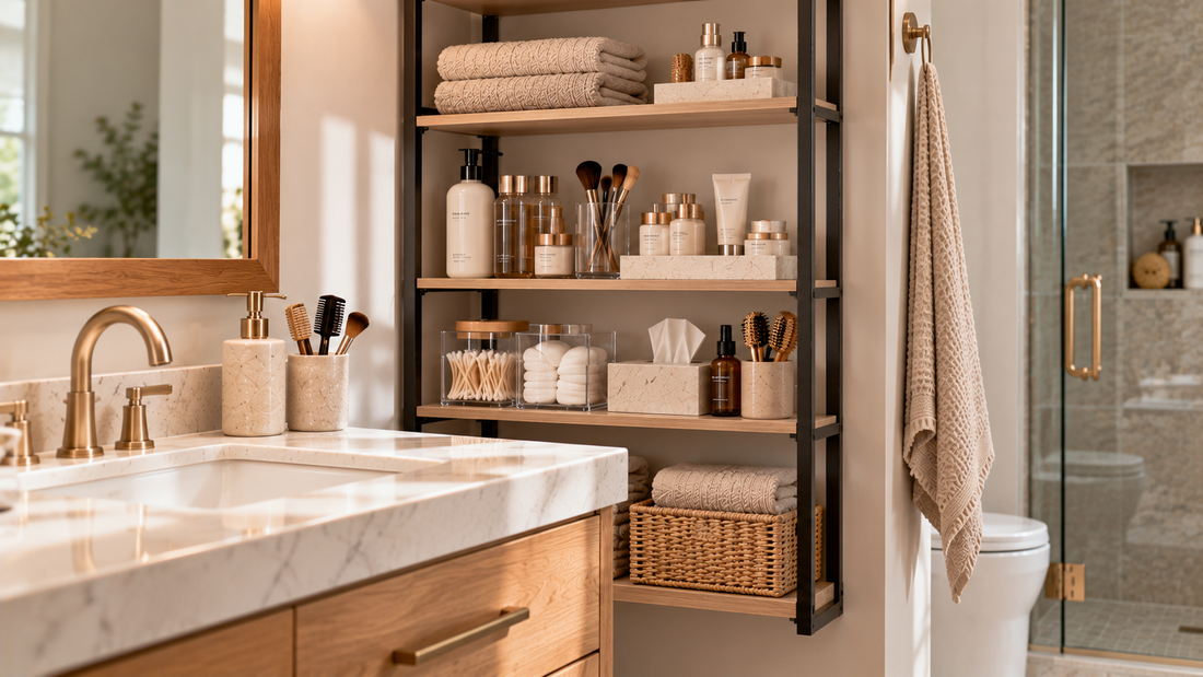 Accessible bathroom shelving keeps frequently used toiletries and grooming supplies within easy reach while leaving the vanity counter clear.