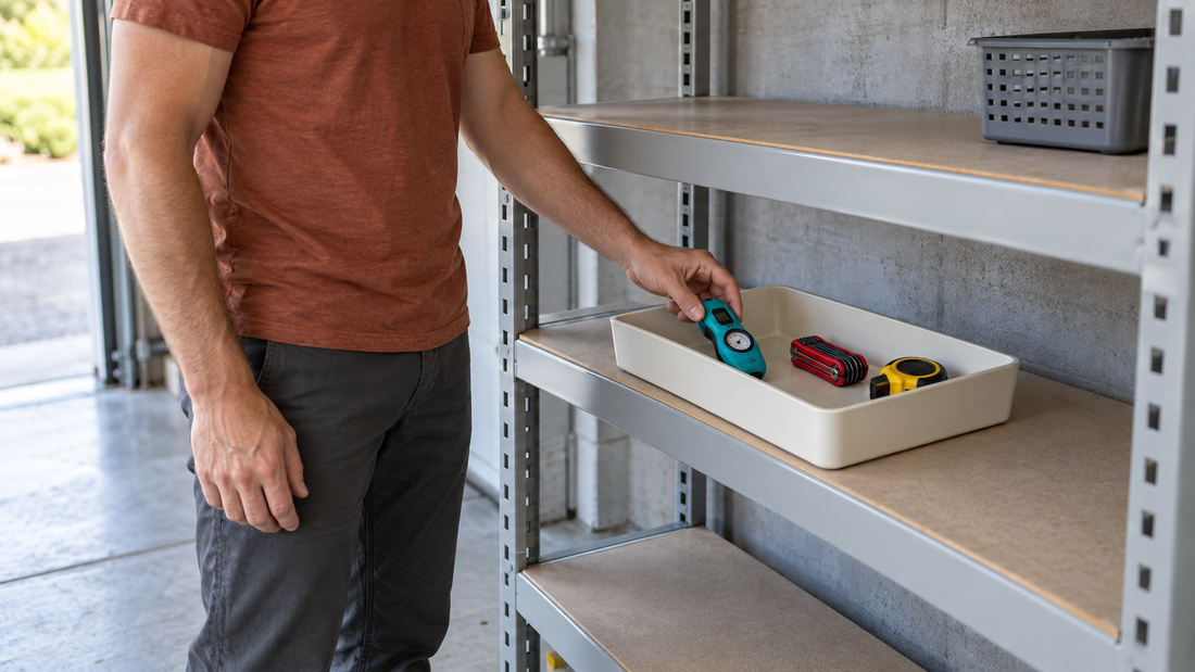 Person retrieving a frequently used tool from a tray on an accessible garage shelf without moving surrounding containers.