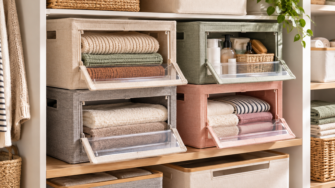 Stacked front-opening storage bins allowing folded household items to be reached without removing the containers above.