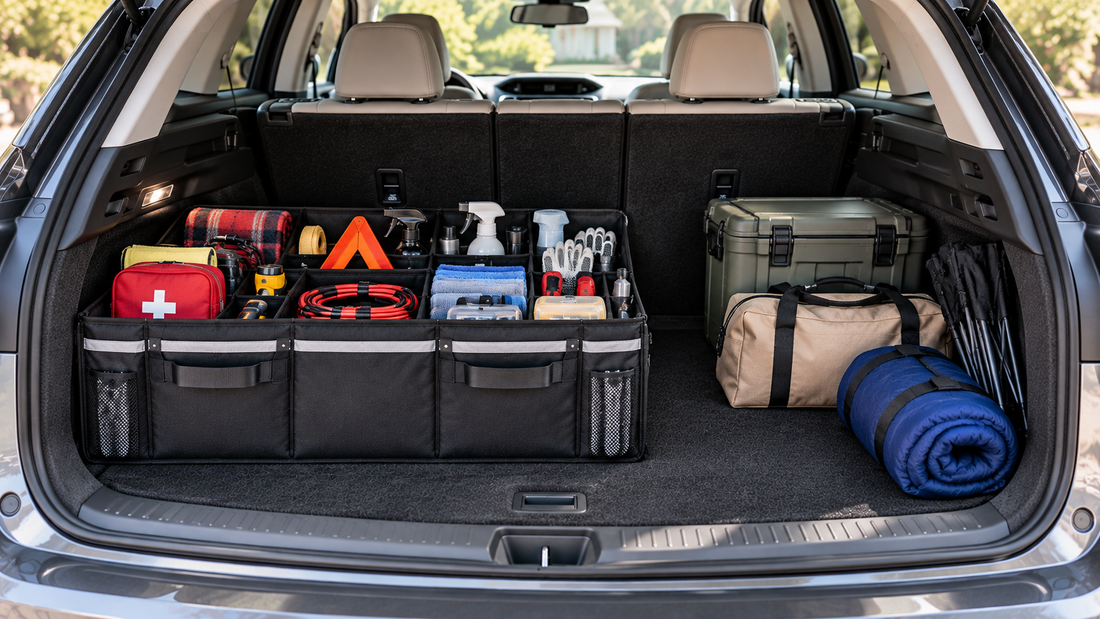 Full-width divided trunk organizer positioned beside an open cargo section, showing organized storage while preserving space for larger changing loads.