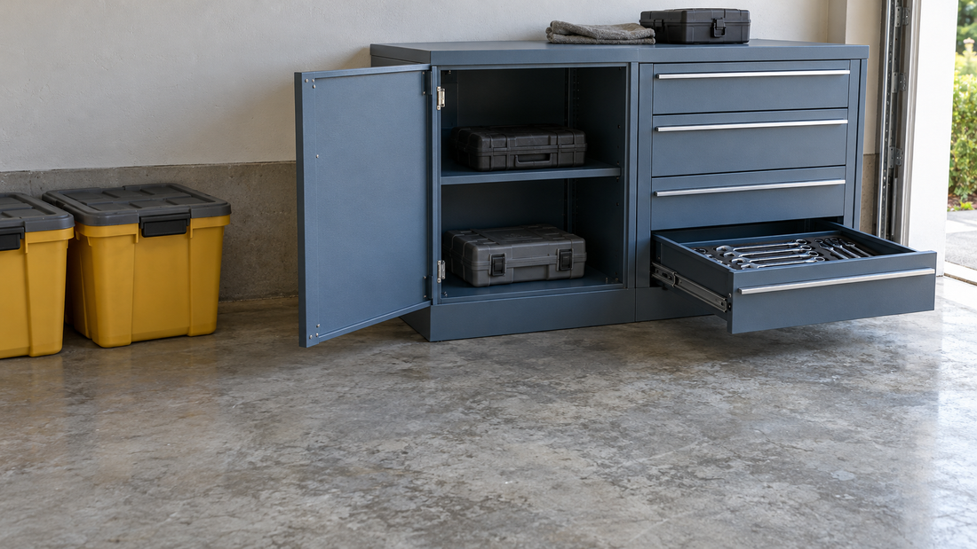 Yellow storage totes sit clear of a blue-gray garage cabinet’s open door and extended lower drawer, leaving accessible floor space.